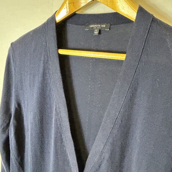 Lafayette 148 Navy V-Neck Button Front Long Sleeve  Long Cardigan Sweater Size L - Picture 3 of 13